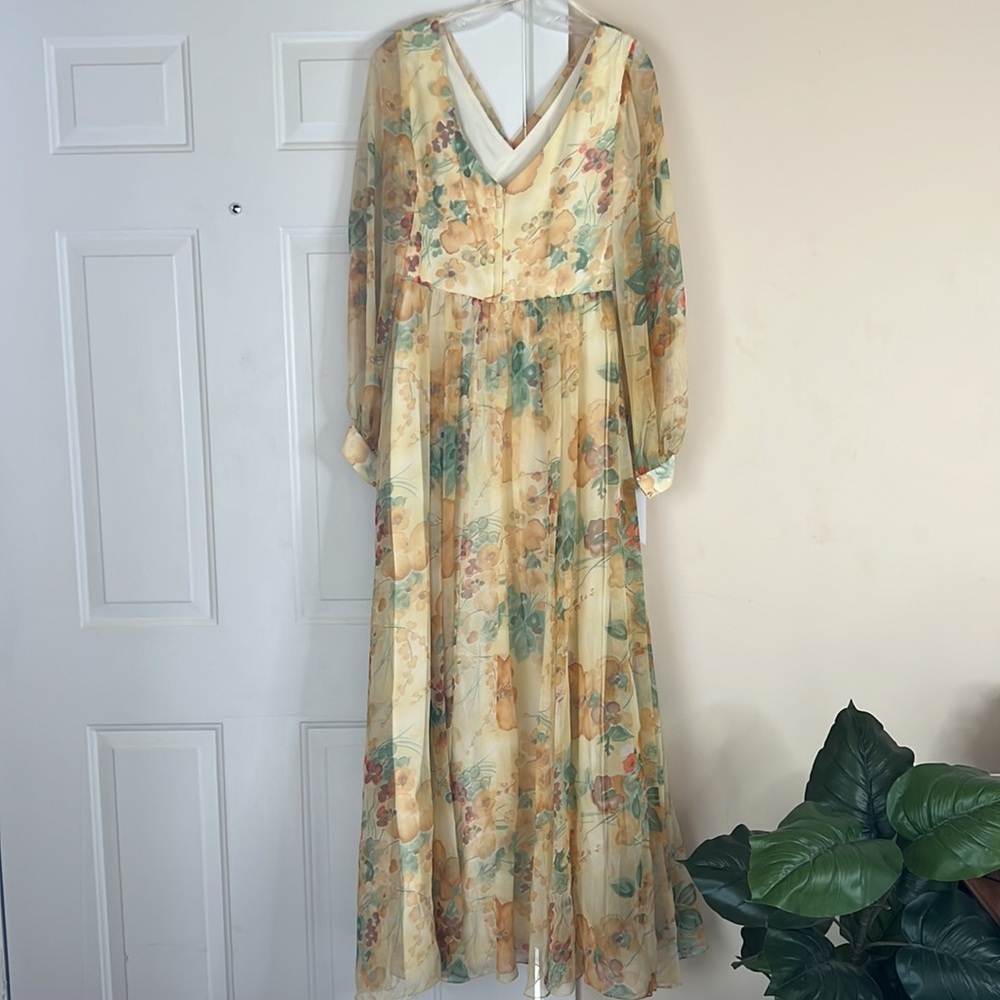 Vintage 70s Chiffon Yellow Floral Floor Length Dress Sz 14 By Union Made - Picture 9 of 16